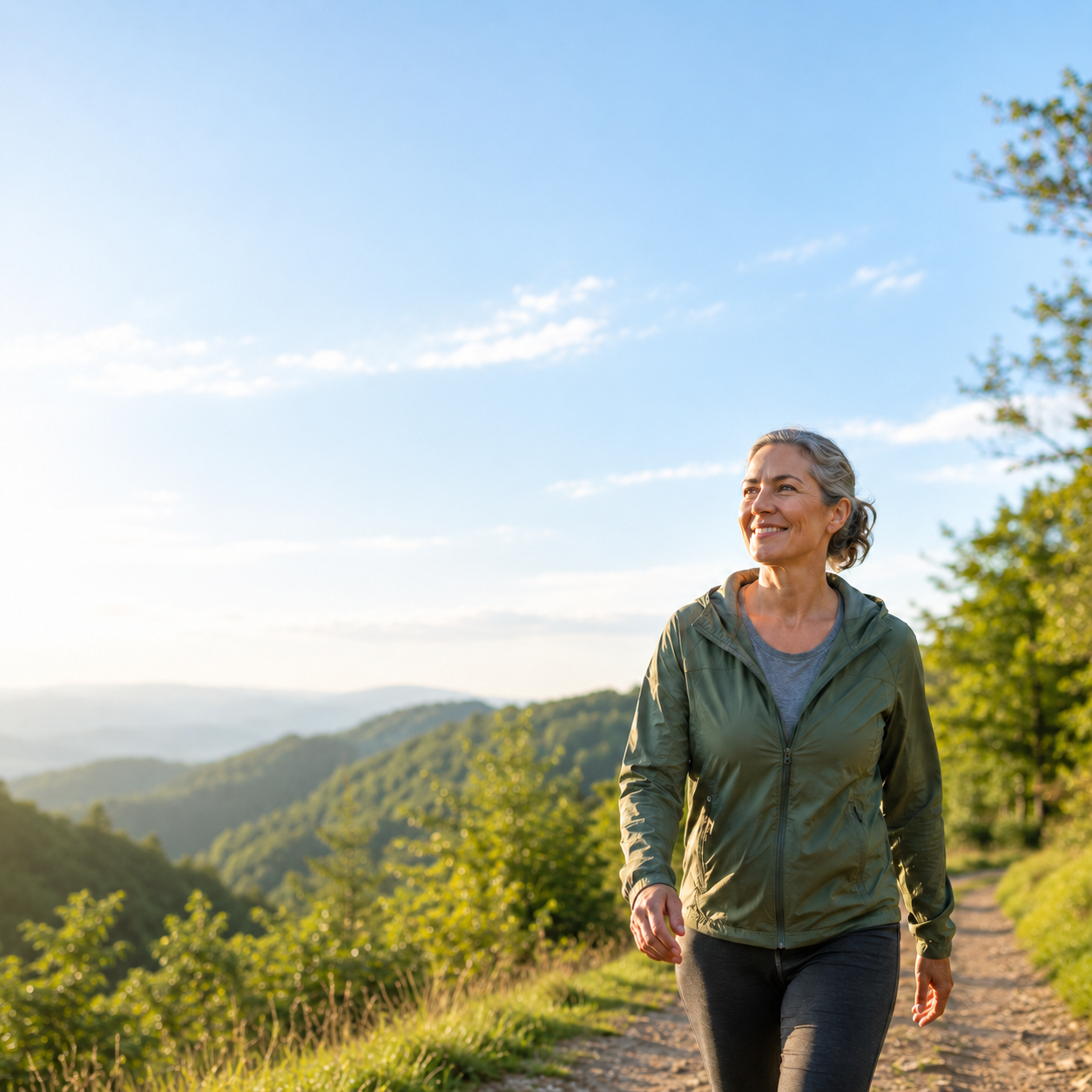 The woman from our ad enjoying a sunlit walk in the hills